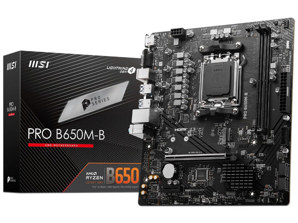 T. Madre MSI PRO B650M-B,
Chipset AMD B650,
Segmento: Básico,
Soporta: Procesadores AMD Serie 9000, 8000 y 7000, Socket AM5,
Memoria: DDR5 6800/6000(OC)/4800MHz, 128GB Max,
Red, Audio HD, USB 3.2, M.2,
Micro-ATX, Ptos: 1xPCIe4.0x16, 1xPCIe3.0x1.