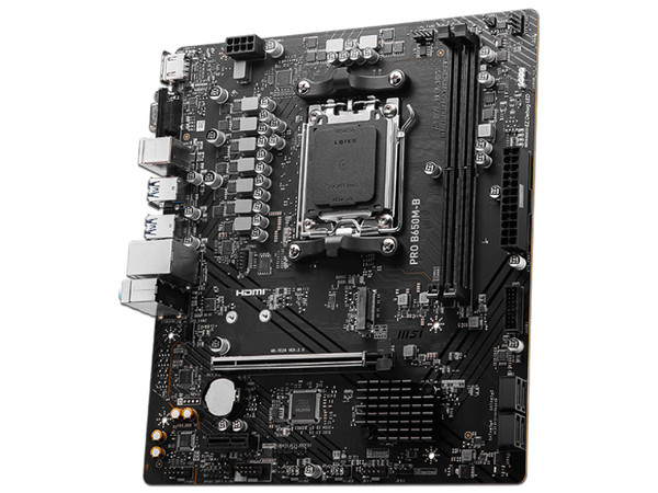 T. Madre MSI PRO B650M-B,
Chipset AMD B650,
Segmento: Básico,
Soporta: Procesadores AMD Serie 9000, 8000 y 7000, Socket AM5,
Memoria: DDR5 6800/6000(OC)/4800MHz, 128GB Max,
Red, Audio HD, USB 3.2, M.2,
Micro-ATX, Ptos: 1xPCIe4.0x16, 1xPCIe3.0x1.
