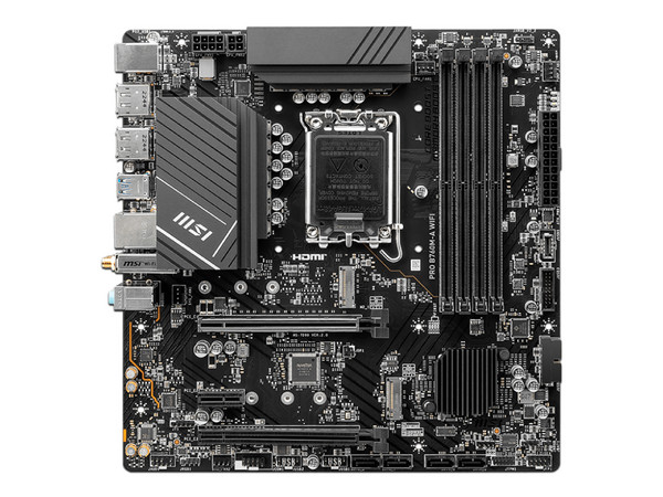 T. Madre MSI PRO B760M-A WIFI DDR5,
Chipset Intel B760,
Segmento: Básico,
Soporta: Procesadores Intel 12va y 13va Generación,
RAM: DDR5 6800/6000/4800MHz, 128GB Max, Integrado:
Audio HD, Red, USB 3.2, SATA 3.0,
Micro-ATX, Ptos: 2xPCIEx16, 1xPCIEx1