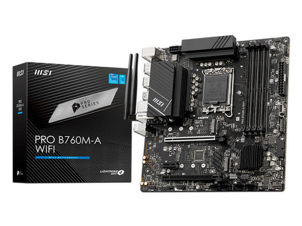 T. Madre MSI PRO B760M-A WIFI DDR5,
Chipset Intel B760,
Segmento: Básico,
Soporta: Procesadores Intel 12va y 13va Generación,
RAM: DDR5 6800/6000/4800MHz, 128GB Max, Integrado:
Audio HD, Red, USB 3.2, SATA 3.0,
Micro-ATX, Ptos: 2xPCIEx16, 1xPCIEx1