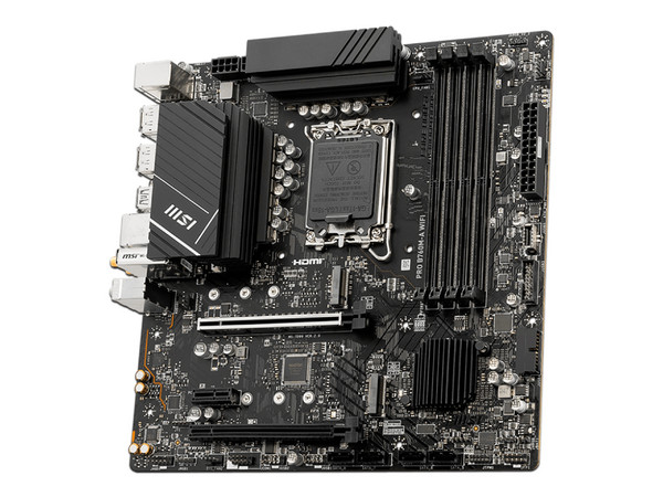 T. Madre MSI PRO B760M-A WIFI DDR5,
Chipset Intel B760,
Segmento: Básico,
Soporta: Procesadores Intel 12va y 13va Generación,
RAM: DDR5 6800/6000/4800MHz, 128GB Max, Integrado:
Audio HD, Red, USB 3.2, SATA 3.0,
Micro-ATX, Ptos: 2xPCIEx16, 1xPCIEx1