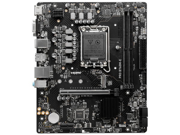 T. Madre MSI PRO B760M-E, 
Chipset Intel B760,
Segmento: Alto,
Soporta: Intel 12va, 13va y 14va Generación, Socket 1700,
RAM: DDR5 6400/5800/4800MHz, 128GB Max,
Integrado: AudioHD, Red, USB 3.2, SATA 3.0, M.2,
Micro-ATX, Ptos: 1xPCIE4.0x16, 1xPCIE3