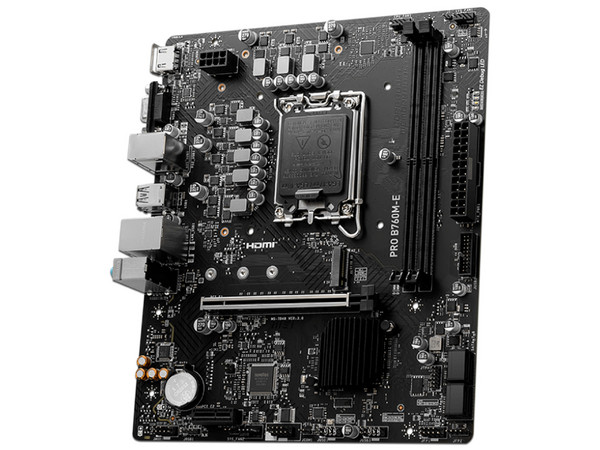T. Madre MSI PRO B760M-E, 
Chipset Intel B760,
Segmento: Alto,
Soporta: Intel 12va, 13va y 14va Generación, Socket 1700,
RAM: DDR5 6400/5800/4800MHz, 128GB Max,
Integrado: AudioHD, Red, USB 3.2, SATA 3.0, M.2,
Micro-ATX, Ptos: 1xPCIE4.0x16, 1xPCIE3