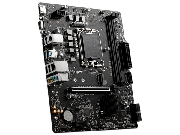 T. Madre MSI PRO B760M-E, 
Chipset Intel B760,
Segmento: Alto,
Soporta: Intel 12va, 13va y 14va Generación, Socket 1700,
RAM: DDR5 6400/5800/4800MHz, 128GB Max,
Integrado: AudioHD, Red, USB 3.2, SATA 3.0, M.2,
Micro-ATX, Ptos: 1xPCIE4.0x16, 1xPCIE3
