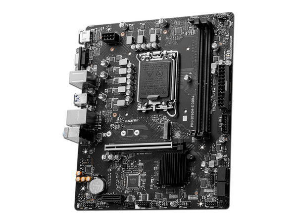 T. Madre MSI PRO B760M-E,
Chipset Intel B760,
Segmento: Alto,
Soporta: Intel 14va, 13va y 12va Generación, Socket 1700,
Memoria: DDR4 4800/3400/2133MHz, 64GB Max,
Integrado: AudioHD, Red, USB 3.2, SATA 3.0, M.2,
Micro-ATX, Ptos: 1xPCIEx16, 1xPCIEx1.