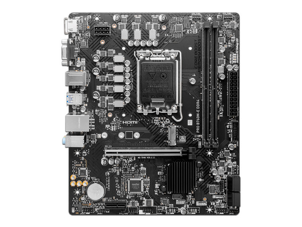 T. Madre MSI PRO B760M-E,
Chipset Intel B760,
Segmento: Alto,
Soporta: Intel 14va, 13va y 12va Generación, Socket 1700,
Memoria: DDR4 4800/3400/2133MHz, 64GB Max,
Integrado: AudioHD, Red, USB 3.2, SATA 3.0, M.2,
Micro-ATX, Ptos: 1xPCIEx16, 1xPCIEx1.