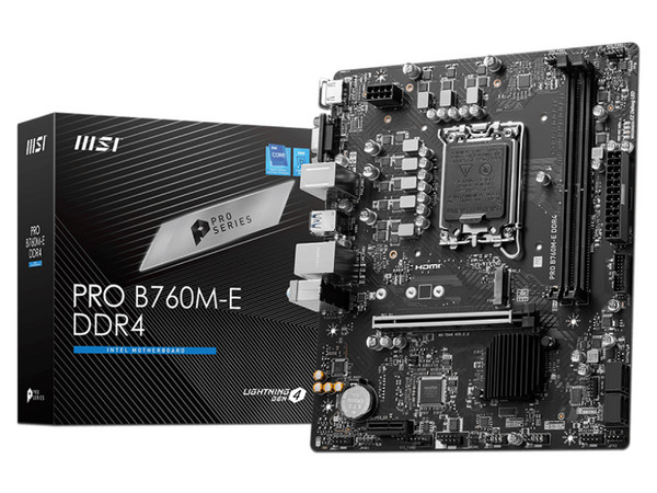 T. Madre MSI PRO B760M-E DDR4, 
Chipset Intel B760, 
Segmento: Alto,
Soporta: Intel 14va, 13va y 12va Gen, Socket 1700, 
Memoria: DDR4 4800/ 3600/ 2133MHz, 64GB Máx, 
Integrado: AudioHD, Red, USB 3.2, SATA 3.0, M.2, 
Micro-ATX, Ptos: 1xPCIE4.0x16