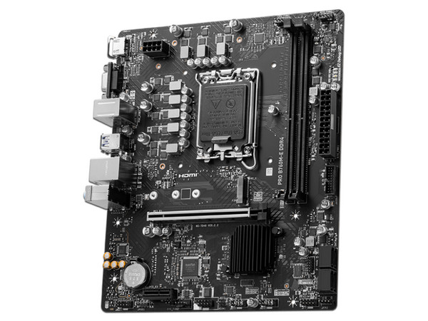 T. Madre MSI PRO B760M-E DDR4, 
Chipset Intel B760, 
Segmento: Alto,
Soporta: Intel 14va, 13va y 12va Gen, Socket 1700, 
Memoria: DDR4 4800/ 3600/ 2133MHz, 64GB Máx, 
Integrado: AudioHD, Red, USB 3.2, SATA 3.0, M.2, 
Micro-ATX, Ptos: 1xPCIE4.0x16