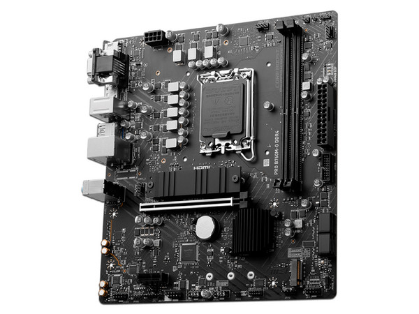 T. Madre MSI Pro B760M-G DDR4, 
Chipset Intel B760,
Segmento: Básico,
Soporta: Intel 12va y 13va Generación, Socket 1700,
Memoria: DDR4 4800/3600/2133MHz, 64GB Max,
Integrado: AudioHD, Red, USB 3.2 y SATA 3.0, M.2,
Micro-ATX, Ptos: 1xPCIE4.0x16