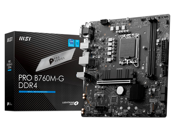T. Madre MSI Pro B760M-G DDR4, 
Chipset Intel B760,
Segmento: Básico,
Soporta: Intel 12va y 13va Generación, Socket 1700,
Memoria: DDR4 4800/3600/2133MHz, 64GB Max,
Integrado: AudioHD, Red, USB 3.2 y SATA 3.0, M.2,
Micro-ATX, Ptos: 1xPCIE4.0x16