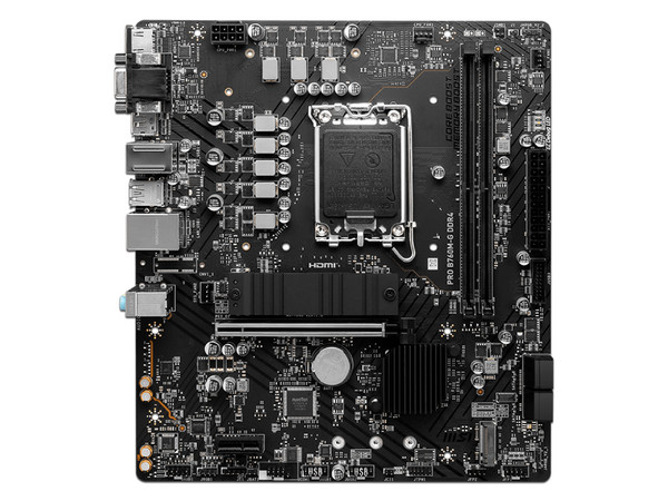 T. Madre MSI Pro B760M-G DDR4, 
Chipset Intel B760,
Segmento: Básico,
Soporta: Intel 12va y 13va Generación, Socket 1700,
Memoria: DDR4 4800/3600/2133MHz, 64GB Max,
Integrado: AudioHD, Red, USB 3.2 y SATA 3.0, M.2,
Micro-ATX, Ptos: 1xPCIE4.0x16