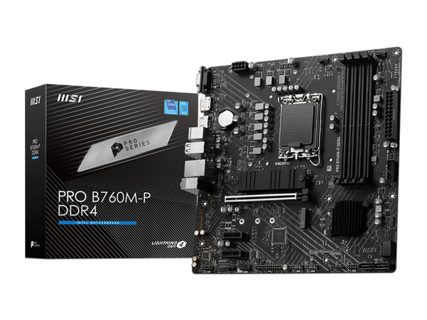 T. Madre MSI PRO B760M-P DDR4,
Chipset Intel B760,
Segmento: Alto,
Soporta: Intel 12va y 13va Generación, Socket 1700,
Memoria: DDR4 4800/3600/2133MHz, 64GB Max,
AudioHD, Red, USB 3.2, SATA 3.0, M.2,
M-ATX, Ptos: 1xPCIE4.0x16, 2xPCIE4.0x1.