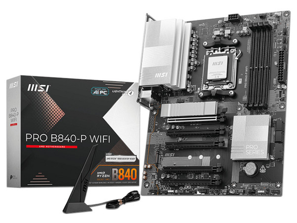 Tarjeta Madre MSI PRO B840-P WIFI, 
Chipset AMD B840, Socket AM5, 
Soporta Procesadores AMD Ryzen 7000 Series,
Memoria DDR5 hasta 8000 MHz, 
Wi-Fi 7, ATX, USB-C, PCIe 4.0/5.0.