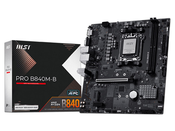 T. Madre MSI PRO B840M-B, 
Chipset AMD B840,
Segmento: Alto, 
Soporta: Procesador AMD Ryzen 7ma, 8va y 9na Generación, Socket AM5, 
RAM: DDR5 6800/4800 MHz, 128GB Max, 
Audio HD, Red, USB, SATA 3.0, M.2, 
Micro-ATX, Ptos: PCIe 4.0 x16.