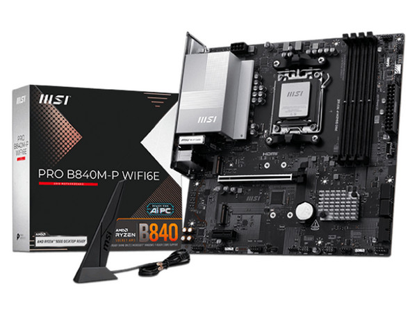 T. Madre MSI PRO B840M-P WIFI6E,
Chipset AMD B840,
Segmento: Alto,
Soporta: Procesadores AMD Serie 9000, 8000 y 7000, Socket AM5, 
Memoria: DDR5 8000 - 5600MHz, 256GB Max, 
Integrado: USB, USB-C, M.2, Wi-Fi, 
Micro-ATX, Ptos: 1xPCIE4.0x16.
