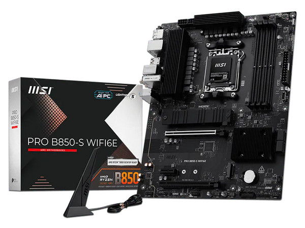 T. Madre MSI PRO B850-S WIFI6E: 
Chipset AMD B850, 
Segmento: Alto, 
Soporta: AMD Ryzen 7ma, 8va y 9na Generación, Socket AM5, 
RAM: DDR5 8400/ 6800/ 4800MHz, AudioHD, 
Wi-Fi, USB 3.2, SATA, M.2, ATX, 
1xPCIE4.0x16.