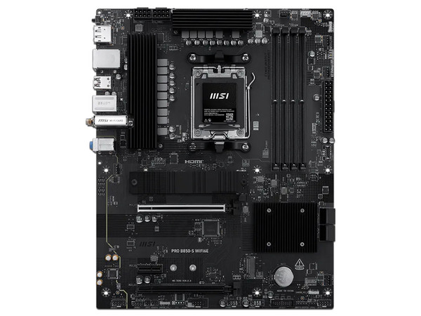 T. Madre MSI PRO B850-S WIFI6E: 
Chipset AMD B850, 
Segmento: Alto, 
Soporta: AMD Ryzen 7ma, 8va y 9na Generación, Socket AM5, 
RAM: DDR5 8400/ 6800/ 4800MHz, AudioHD, 
Wi-Fi, USB 3.2, SATA, M.2, ATX, 
1xPCIE4.0x16.