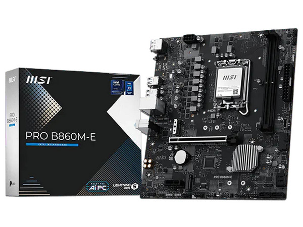 T. Madre MSI PRO B860M-E, 
Chipset B860, 
Segmento: Alto, 
Soporta: Intel Core Ultra (Series 2), Socket 1851,
Memoria: DDR5 hasta 8800 MHz, 
Integrado: Audio, Red, M.2, 
Micro-ATX, Ptos: 1xPCIE5.0x16.