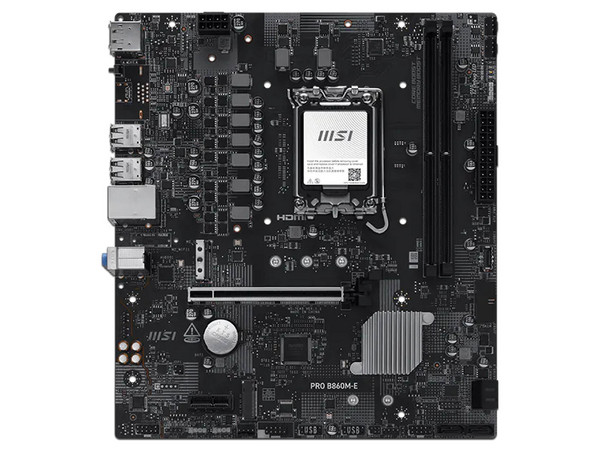 T. Madre MSI PRO B860M-E, 
Chipset B860, 
Segmento: Alto, 
Soporta: Intel Core Ultra (Series 2), Socket 1851,
Memoria: DDR5 hasta 8800 MHz, 
Integrado: Audio, Red, M.2, 
Micro-ATX, Ptos: 1xPCIE5.0x16.