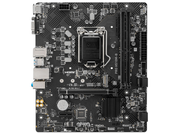 T. Madre MSI H510M-B PRO, Chipset Intel H510,
Soporta Intel 10ma Generación, Socket 1200,
Memoria: DDR4 2933/2666/2133 MHz, 64GB Max,
Integrado: Audio HD, Red,
USB 3.2, SATA 3.0, M.2,
Micro-ATX, Ptos: 1xPCIE3.0x16, 1xPCIE3.0x1.