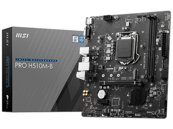 T. Madre MSI H510M-B PRO, Chipset Intel H510,
Soporta Intel 10ma Generación, Socket 1200,
Memoria: DDR4 2933/2666/2133 MHz, 64GB Max,
Integrado: Audio HD, Red,
USB 3.2, SATA 3.0, M.2,
Micro-ATX, Ptos: 1xPCIE3.0x16, 1xPCIE3.0x1.