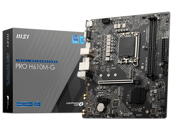 T. Madre MSI PRO H610M-G DDR5,
Chipset Intel H610,
Segmento: Básico,
Soporta: Intel 12va, 13va y 14va Gen, Socket 1700,
Memoria: DDR5 5600MHz, 92GB Máx,
Integrado: Audio HD, Red, USB 3.2, SATA 3.0, M.2,
Micro-ATX, Ptos: 1xPCIE4.0x16, 1xPCIE3.0x1.