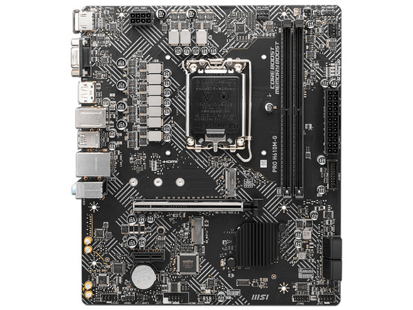 T. Madre MSI PRO H610M-G DDR5,
Chipset Intel H610,
Segmento: Básico,
Soporta: Intel 12va, 13va y 14va Gen, Socket 1700,
Memoria: DDR5 5600MHz, 92GB Máx,
Integrado: Audio HD, Red, USB 3.2, SATA 3.0, M.2,
Micro-ATX, Ptos: 1xPCIE4.0x16, 1xPCIE3.0x1.