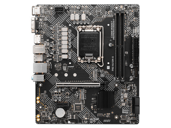 T. Madre MSI PRO H610M-G DDR5,
Chipset Intel H610,
Segmento: Básico,
Soporta: Intel 14va, 13va y 12va Gen, Socket 1700,
Memoria: DDR5 5600 MHz, 92GB Máx,
Audio HD, Red, USB 3.1, SATA 3.0, M.2,
M-ATX, Ptos: 1xPCIE4.0x16, 1xPCIE3.0x1.
