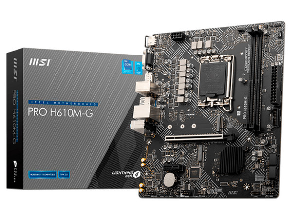 T. Madre MSI PRO H610M-G DDR5,
Chipset Intel H610,
Segmento: Básico,
Soporta: Intel 14va, 13va y 12va Gen, Socket 1700,
Memoria: DDR5 5600 MHz, 92GB Máx,
Audio HD, Red, USB 3.1, SATA 3.0, M.2,
M-ATX, Ptos: 1xPCIE4.0x16, 1xPCIE3.0x1.
