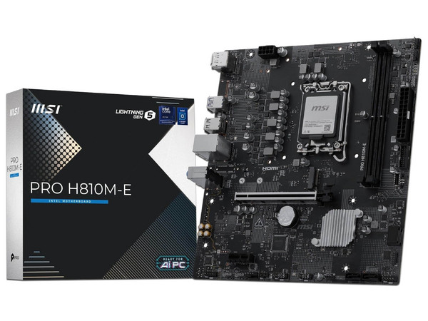 T. Madre MSI PRO H810M-E, 
Chipset Intel H810,
Segmento: Alto,
Soporta: Intel Ultra (Series 2), Socket 1851,
Memoria: DDR5 6400MT/s, 128GB Max
Integrado: Audio HD, Red, USB 3.2, SATA III, M.2
Micro-ATX, Ptos: 1xPCIE 5.0x16.