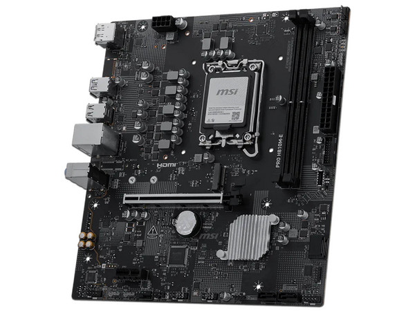 T. Madre MSI PRO H810M-E, 
Chipset Intel H810,
Segmento: Alto,
Soporta: Intel Ultra (Series 2), Socket 1851,
Memoria: DDR5 6400MT/s, 128GB Max
Integrado: Audio HD, Red, USB 3.2, SATA III, M.2
Micro-ATX, Ptos: 1xPCIE 5.0x16.