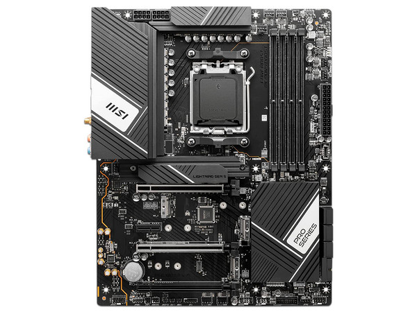 T. Madre MSI PRO X670-P WIFI, Chipset X670,
Soporta: AMD Ryzen 7000 Series, Socket AM5,
Memoria: DDR5 6600+(OC)/5400(OC)/5200/5000/4800 MHz, 128GB Max,
Integrado: Audio HD, Wi-Fi 6, SATA 3.0, M.2,
ATX, Ptos: 3xPCIE4.0x16, 1xPCIE3.0x1.