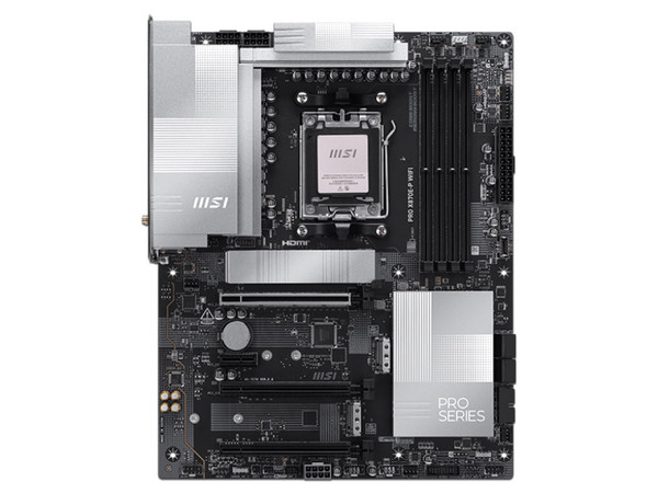 T. Madre MSI PRO X870E-P WIFI,
Chipset AMD X870,
Segmento: Alto,
Soporta: Procesadores AMD Serie 9000, 8000 y 7000, Socket AM5,
Memoria: DDR5 8200MT/s, 256GB Max,
Integrado: Wi-Fi 7, Audio HD, USB-C 3.2, M.2, 
ATX, Ptos: 1xPCIE5.0x16, 1xPCIE4.0x16.