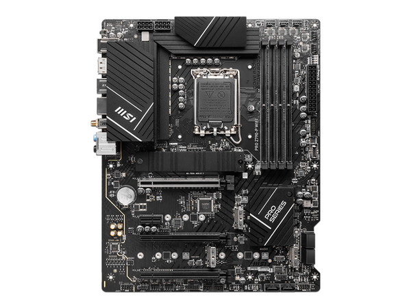 T. Madre MSI PRO Z790-P WIFI, 
Chipset Intel Z790,
Segmento: Alto/Gamer,
Soporta: Intel Core de 12va y 13va generación, Pentium Gold y Celeron, Socket 1700,
RAM: DDR5 7000/5800/4800MHz, 128GB Max,
SATA 3.0, M.2,
ATX, Ptos: 3xPCIEx16, 1xPCIEx1