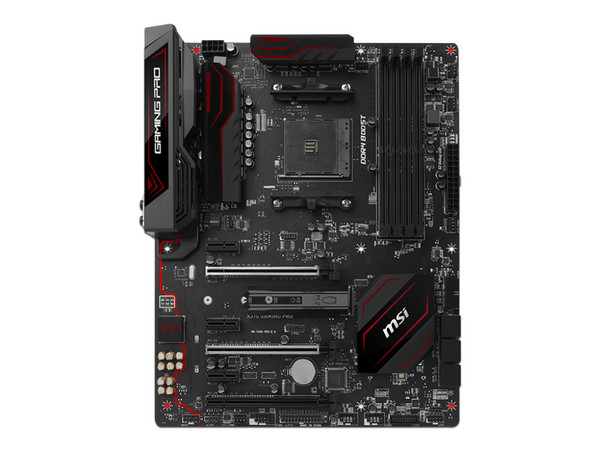 T. Madre MSI X370 Gaming Pro, Chipset AMD x370, 
Soporta: Procesador AMD 7th Generación A-series / Athlon de Socket AM4, 
Memoria: DDR4 3200(O.C.)/ 2133 MHz, 64GB Max, 
Integrado: Audio HD, USB 3.1 y SATA 3.0, Micro-ATX, 
Ptos: 2xPCIEx16 3.0, 3xPCIEx
