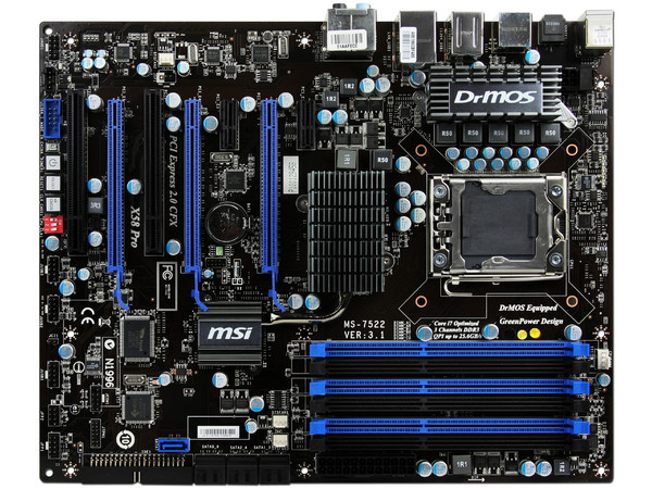 T. Madre MSI X58 Pro-E, ChipSet Intel X58,
Soporta: Core i7 920, 940, 980X de Socket 1366,
Integrado: Audio 7.1, Red 10/100/1000,
Memoria: DDR3 1600(O.C.)/1333/1066, 24GB Max,
ATX, Ptos: 3xPCEx16, 2xPCIEx1, 2xPCI