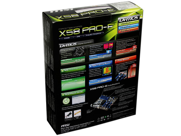 T. Madre MSI X58 Pro-E, ChipSet Intel X58,
Soporta: Core i7 920, 940, 980X de Socket 1366,
Integrado: Audio 7.1, Red 10/100/1000,
Memoria: DDR3 1600(O.C.)/1333/1066, 24GB Max,
ATX, Ptos: 3xPCEx16, 2xPCIEx1, 2xPCI