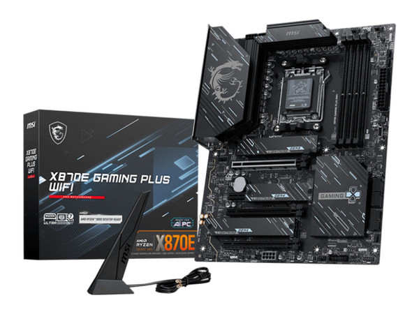 T. Madre MSI X870E GAMING PLUS WIFI, 
Chipset AMD X870E, 
Segmento: Alto/Gamer,
Soporta: Procesadores Ryzen 9000, 8000 y 7000, Socket AM5, 
RAM: DDR5 8200+ MHz, hasta 256GB Max, 
Audio HD, Red, Wi-Fi 7, USB 3.2, M.2, ATX 
Ptos: PCIe 5.0.
