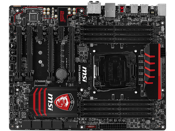 T. Madre MSI X99A Gaming 7, ChipSet Intel X99,
Soporta: Core i7 de Socket LGA2011-v3,
Memoria: DDR4 2133 MHz, 128 GB Max,
Integrado: Audio HD, Red, USB 3.1 y SATA 3.0,
ATX, Ptos: 4xPCIE 3.0 x16, 2xPCIEx1.
