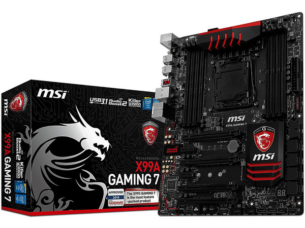 T. Madre MSI X99A Gaming 7, ChipSet Intel X99,
Soporta: Core i7 de Socket LGA2011-v3,
Memoria: DDR4 2133 MHz, 128 GB Max,
Integrado: Audio HD, Red, USB 3.1 y SATA 3.0,
ATX, Ptos: 4xPCIE 3.0 x16, 2xPCIEx1.