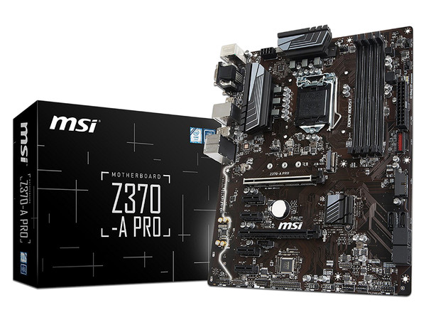 T. Madre MSI Z370-A PRO, ChipSet Intel Z370, 
Soporta: Core i7 / i5 / i3 de 8va Generación de Socket 1151,
Memoria: DDR4 4000+(OC)/ 3300(OC)/ 2133 MHz, 64GB Max,
Integrado: Audio HD, Red, USB 3.0 y SATA 3.0
ATX, Ptos: 2xPCIEx16, 4xPCIEx1