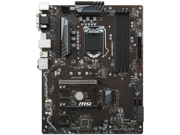 T. Madre MSI Z370-A PRO, ChipSet Intel Z370, 
Soporta: Core i7 / i5 / i3 de 8va Generación de Socket 1151,
Memoria: DDR4 4000+(OC)/ 3300(OC)/ 2133 MHz, 64GB Max,
Integrado: Audio HD, Red, USB 3.0 y SATA 3.0
ATX, Ptos: 2xPCIEx16, 4xPCIEx1