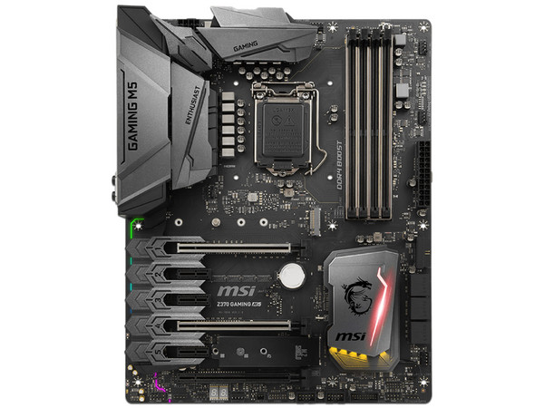 T. Madre MSI  Z370 GAMING M5, Chipset Intel Z370,
Soporta: Core i7 / i5 / i3 de 8va Gen., Socket 1151,
Memoria: DDR4 4000(O.C.)/3000(O.C.)/2133 MHz, 64GB Max,
Integrado: Audio HD, Red,
USB 3.1, SATA 3.0, M.2,
ATX, Ptos: 3xPCIE 3.0 x16.