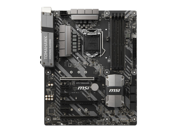 T. Madre MSI Z370 TOMAHAWK, Chipset Intel Z370,
Soporta: Core i7 / i5 / i3 de 8va Gen., Socket 1151,
Memoria: DDR4 4000+(OC)/3000(O.C.)/2133 MHz, 64GB Max,
Integrado: Audio HD, Red,
USB 3.0, SATA 3.0,
ATX, Ptos: 2xPCIE 3.0x1, 3xPCIE x1.