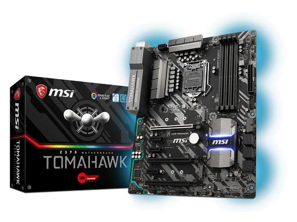 T. Madre MSI Z370 TOMAHAWK, Chipset Intel Z370,
Soporta: Core i7 / i5 / i3 de 8va Gen., Socket 1151,
Memoria: DDR4 4000+(OC)/3000(O.C.)/2133 MHz, 64GB Max,
Integrado: Audio HD, Red,
USB 3.0, SATA 3.0,
ATX, Ptos: 2xPCIE 3.0x1, 3xPCIE x1.