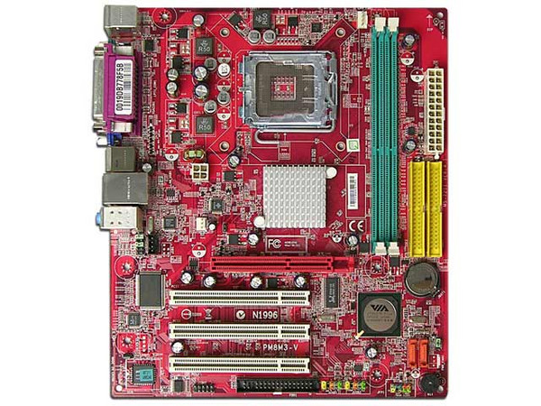 T. Madre MSI PM8M3-V, ChipSet VIA P4M800CE,
Soporta: Intel LGA775 de 800/533MHz,
Integrado: Audio, Video S3 UniChrome Pro, Red,
Memoria: DDR 333/400, 2 Bancos, 2GB Max,
Diseño: MicroATX, Ptos: 1x AGP 8X, 2x PCI