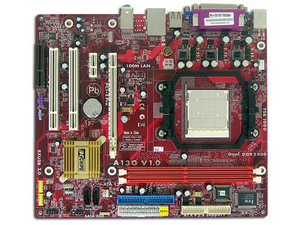 T. Madre PCCHIPS A13G, ChipSet nVIDIA MCP 61,
Para: Athlon 64/Athlon 64 X2 Dual-Core, Socket AM2,
Integrado: Video nVIDIA, Audio 5.1, Red 10/100,
Memoria: 2x DDR2, Max. 16GB, Diseño MicroATX,
Ptos: 1xPCI-E X16, 1xPCI-E X1, 2xPCI, 1xCNR
