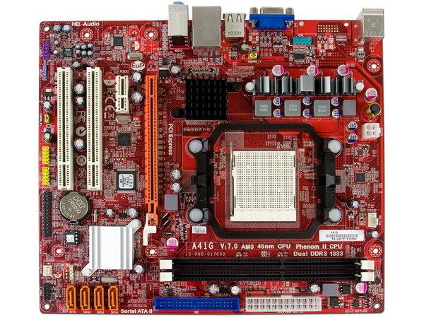 T. Madre PCCHIPS A41G, ChipSet AMD 740G,
Para: Phenom II, Athlon II, Socket AM3,
Integrado: Video ATI HD2100, Audio, Red 10/100,
Memoria: 2x DDR3, Max. 8GB, Diseño Micro ATX,
Ptos: 1xPCI-E X16, 1xPCI-E X1, 2xPCI
