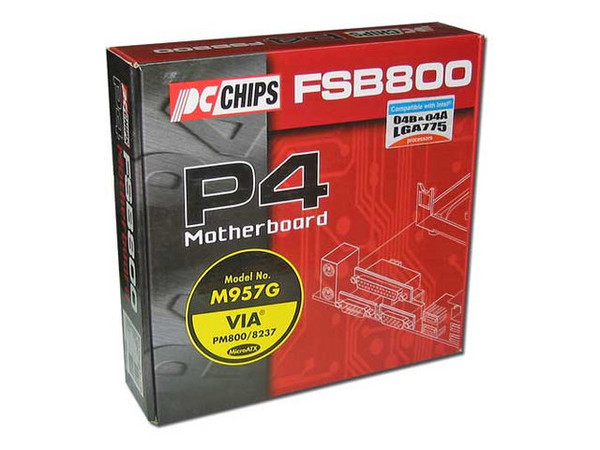 T. Madre PCCHIPS M957G, ChipSet VIA PM800/8237,
Soporta: Socket LGA775 Pentium 4/Celeron D, 800/533MHz,
Memoria: DDR400/333/266 (2 Bancos), 2Gb Max,
Integrado: Audio 6 canales, Video, RED 10/100Mbps,
Diseño: Micro ATX, Ptos. 3x PCI, 1x AGP 8X, 1x CNR