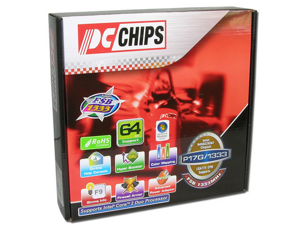 T. Madre PCCHIPS P17G/1333, ChipSet Intel 945GC,
Soporta: Cel.400, DualCore/Duo, 1066/800MHz,
Memoria: DDR2 667/533/400, 2 Bancos, 4GB Max,
Integrado: Audio 5.1, Red 10/100, Video GMA950,
Diseño: MicroATX, Ptos: 1xPCEx16, 2xPCI